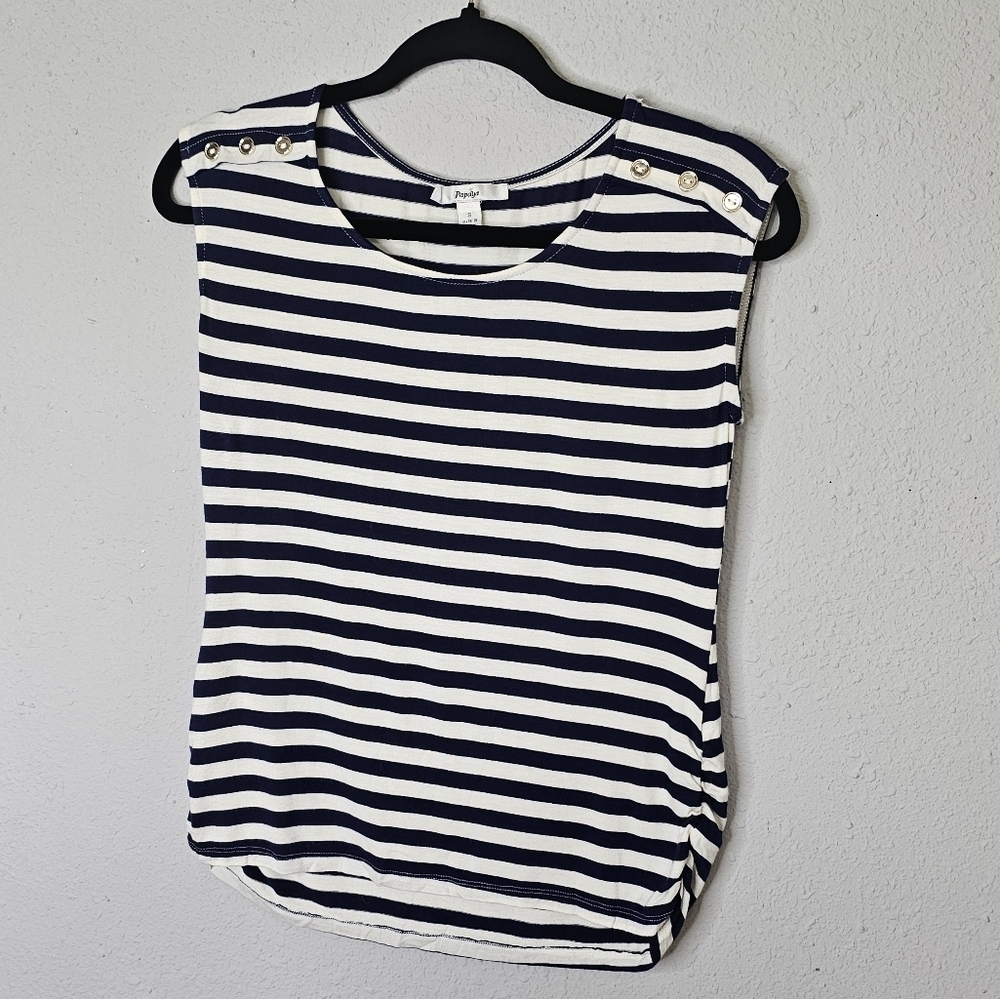 Papaya Womens Navy White Striped Sleeveless Nautical Top Gold Buttons‎ Small